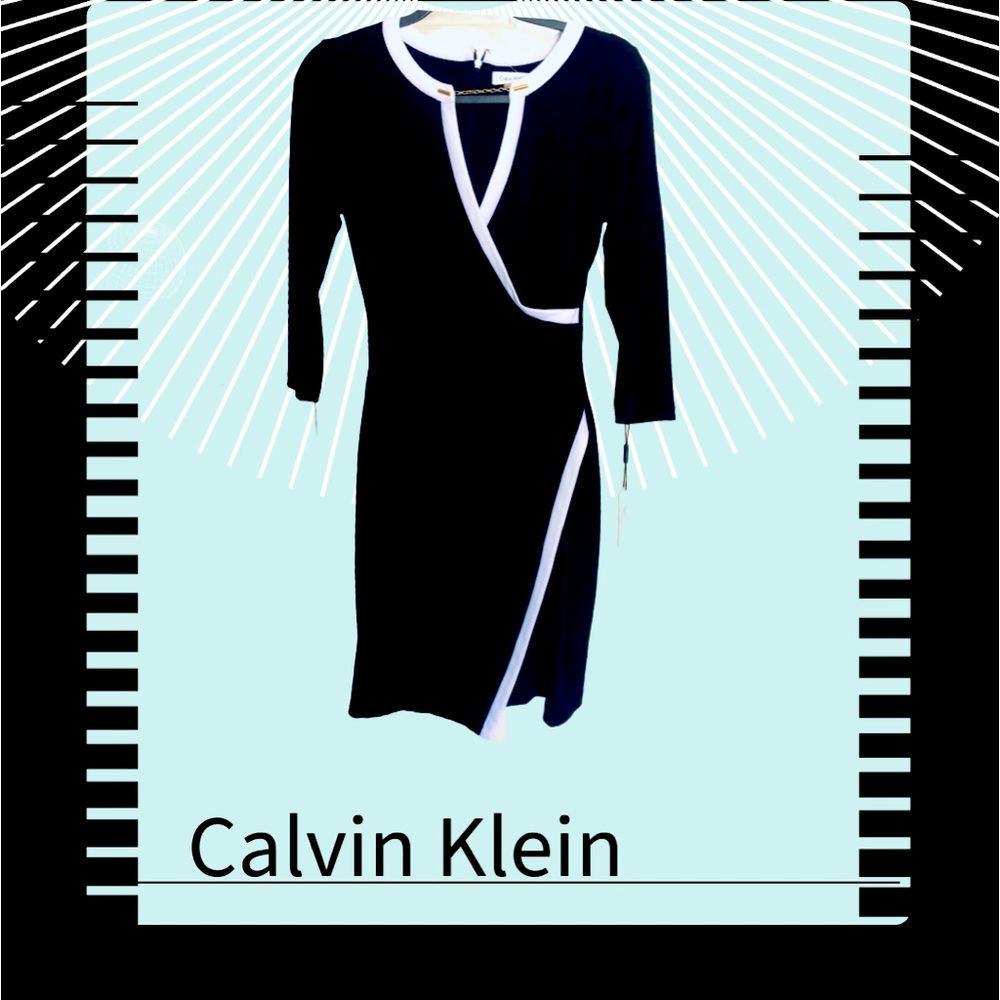 CALVIN KLEIN Black Long Sleeve Faux Wrap Dress